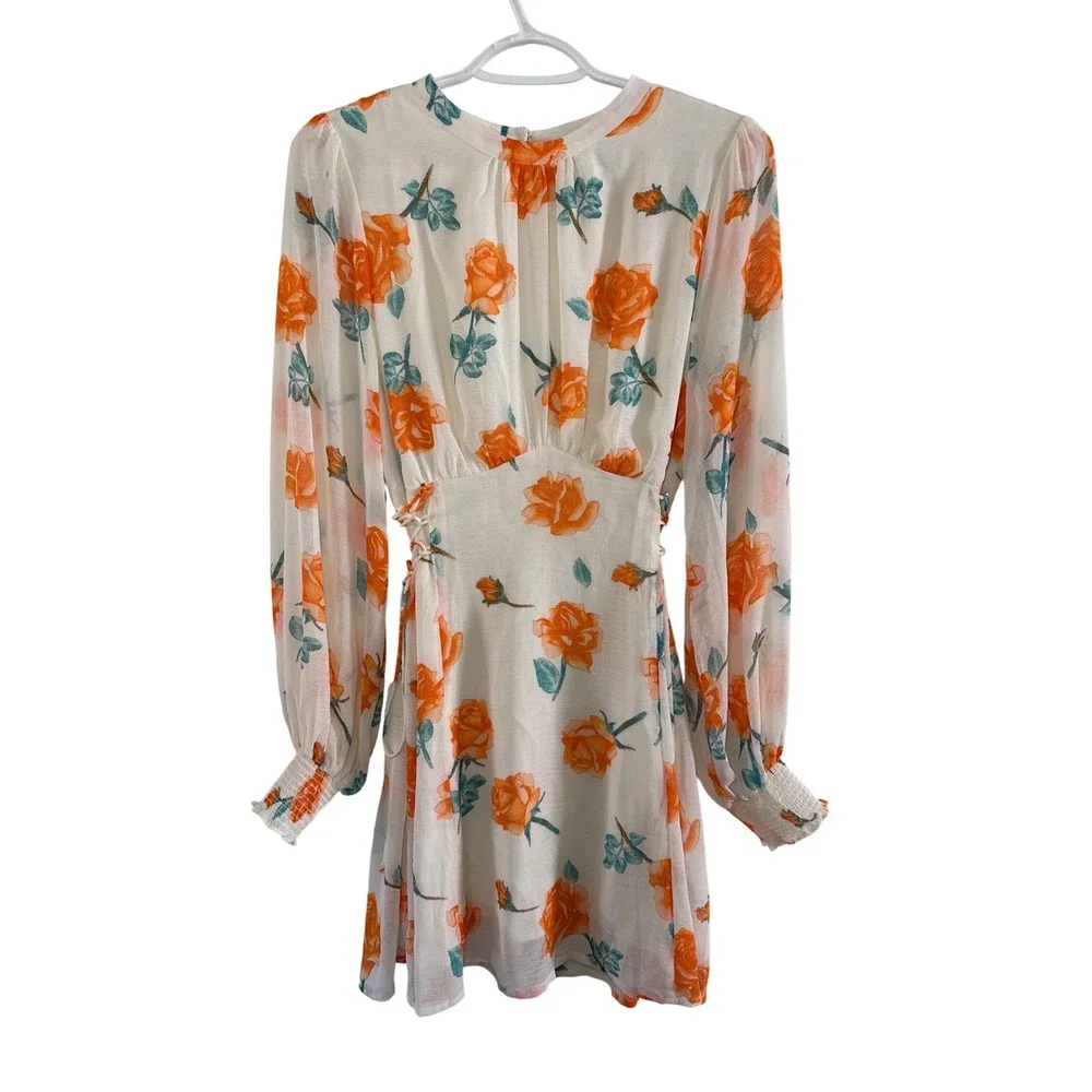 Free People Samantha‎ Orange Rose Floral Mini Dress Lace Up Side Small
